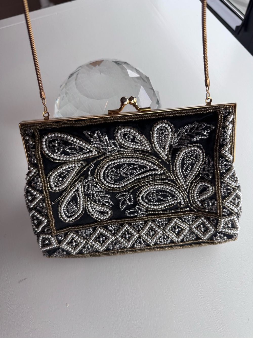 Vintage Beaded Paisley Evening Bag Black Silver Formal Clutch
